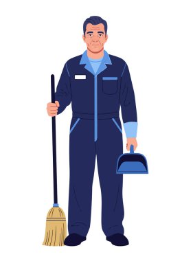 Süpürge ve faraş ile Erkek Temizlikçi veya Temizlikçi - Vektör İllüstrasyonu