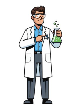 Beaker ve Güvenlik Gözlüklü Erkek Bilim Adamı - Vektör İllüstrasyonu