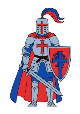 Kılıç ve Kalkanlı Ortaçağ Şövalyesi - Vektör İllüstrasyonu