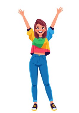 Renkli Üst-Vektör İllüzyonu ile Neşeli Genç Kadın