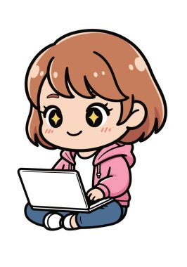 Dizüstü Bilgisayarı Kullanan Şirin Chibi Kız - Vektör İllüstrasyonu