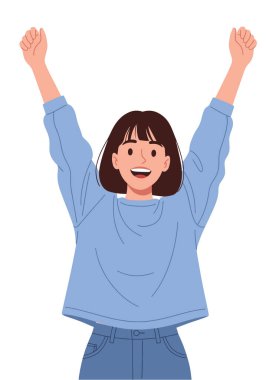 Kolları Kalkmış Heyecanlı Genç Kadın - Vektör İllüzyonu