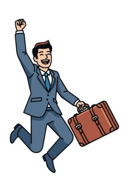 Evrak Çantasıyla Atlayan Mutlu İş Adamı - Vektör İllüzyonu