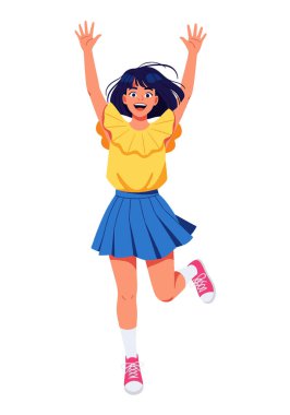 Neşeli, Etekli, Neşeli Genç Kadın Neşeli Zıplayan - Vektör Çizimi