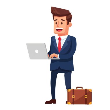 Laptop Bilgisayar Vektörü İllüstrasyonunu Kullanmakta Başarılı İşadamı