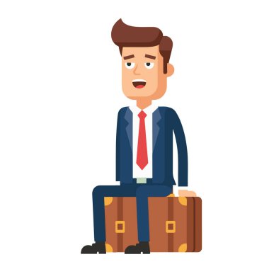 Yorgun İşadamı Valiz Vektörü İllüstrasyonunda Oturuyor