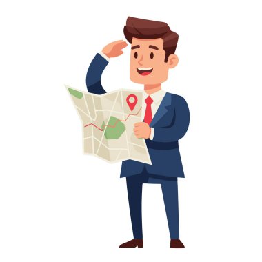 Gülümseyen İşadamı Harita ile Yönlendirme Vektörü Resmini Arıyor