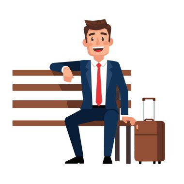 Gülümseyen İşadamı Bavul Vektörü İllüstrasyonuyla Bench 'te oturuyor