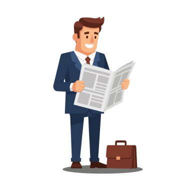 Mutlu İş Adamı Gazete Okuyan Vektör İllüstrasyonu
