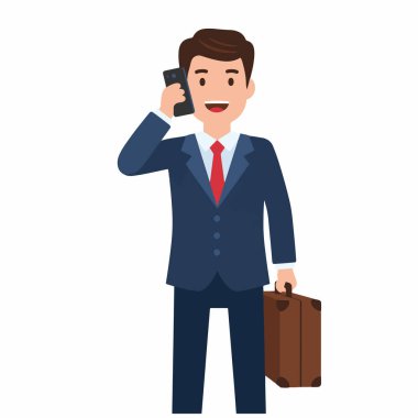 Telefonla Konuşan ve Evrak Çantası Tutan Bir İşadamının Vektör İllüstrasyonu