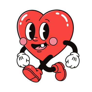 Retro Karikatür Koşan Kalp Karakteri Vektör İllüstrasyonu