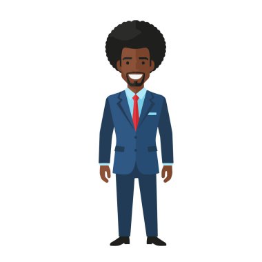 Mavi Takım Elbiseli Afro Saçlı Gülümseyen Afrikalı Amerikalı İş Adamı Tam Vücut Görünümü