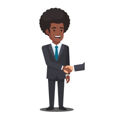 Afro-Amerikalı bir işadamının tam vücut çizimi. Saç stili, takım elbise ve kravat takıyor. Görünmeyen biriyle el sıkışırken gülümsüyor.