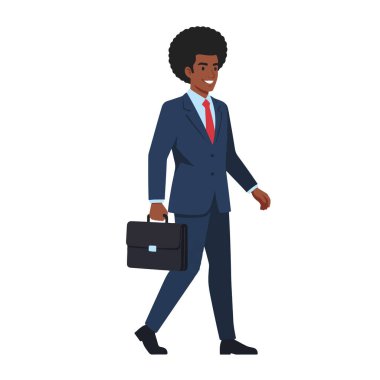 Afro-Amerikalı bir işadamının resmi bir takım elbise ve kravat takmış, bir elinde evrak çantası tutarken, güvenle gülümseyen, düz bir vektör tarzı.