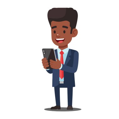 Afro-Amerikan bir iş adamının resmi bir takım elbise ve kravat takmış, akıllı bir telefonu izlerken ve tutarken gülümseyen, afro-amerikan bir iş adamının tüm vücut çizimleri.