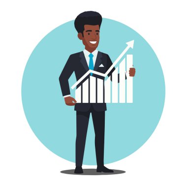 Afro-Amerikalı bir iş adamının resmi bir takım elbise ve kravat takıp, elinde düz vektör stili, yükselen büyük bir iş büyüme tablosu tutarken gülümsemesinin tüm vücut çizimi.