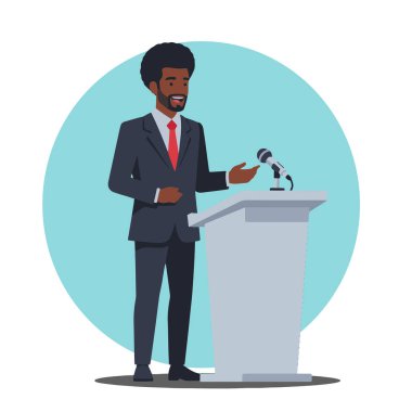 Afro-Amerikalı bir işadamının resmi bir takım elbise ve kravat takmış, mikrofonla podyumda konuşurken gülümseyen, düz bir vektör tarzıyla tüm vücudu resmedilmiş.