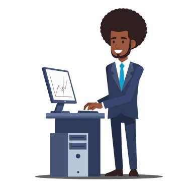 Afro-Amerikalı bir iş adamının resmi takım elbise ve kravat takıp, masaüstü bilgisayarında yazarken gülümseyen, düz vektör stili olan tüm vücut çizimleri.