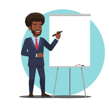 Afro-Amerikalı bir iş adamının resmi bir takım elbise ve kravat takıp beyaz tahtaya yazarken ya da çizerken gülümseyen, düz bir vektör stili olan tüm vücut çizimleri.
