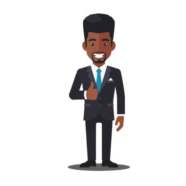 Afro saçlı, resmi bir takım elbise ve kravat takmış, gülümseyen ve baş parmak işareti yapan, düz bir vektör tarzı olan Afro-Amerikalı bir işadamının tüm vücut çizimleri.