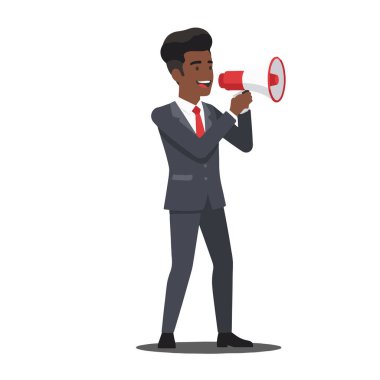 Afro saçlı, resmi bir takım elbise ve kravat takmış, megafona gülümseyen, düz bir vektör tarzında konuşan Afro-Amerikan bir işadamının tüm vücut çizimleri.,