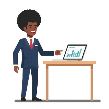 Afro-Amerikalı bir iş adamının resmi takım elbise giyip kravat taktığı, masadaki dizüstü bilgisayarı gösterirken gülümsediği, düz vektör stili, katı renkler, dış hatları, grafikleri olmayan, yeşil arka planı olan tam vücut çizimi.