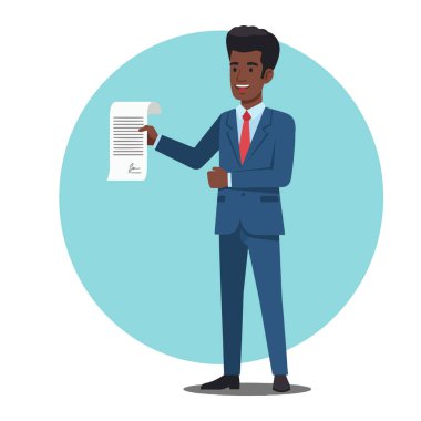 Afro-Amerikalı bir işadamının resmi bir takım elbise ve kravat takıp tek elle imzalanmış bir sözleşmeyi tutarken gülümseyen bir afro-amerikan iş adamının tam vücut çizimi.