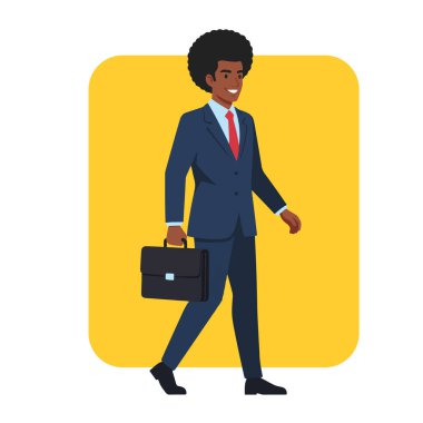 Afro Erkek İşadamı Evrak Çantası Düz Vektör İllüstrasyonuyla Yürüyor