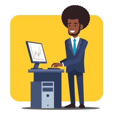 Veri Tablosu Düz Vektör İllüstrasyonuyla Bilgisayar Üzerinde Çalışan Afro İşadamı