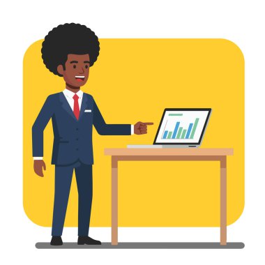 Afro İş Adamı Laptop Düz Vektör Resimlerinde Verileri Sunar