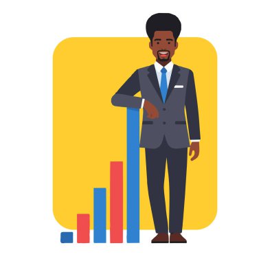 Afro İşadamı Büyüme Çizelgesi Düz Vektör İllüstrasyonuyla Duruyor