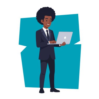 Laptop Düz Vektör Resmini Kullanan Afro Erkek İşadamı