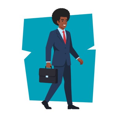 Afro Erkek İşadamı Evrak Çantası Düz Vektör İllüstrasyonuyla Yürüyor