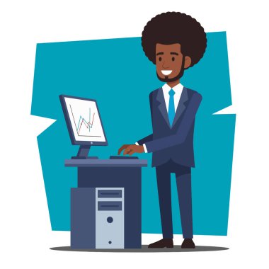 Veri Tablosu Düz Vektör İllüstrasyonuyla Bilgisayar Üzerinde Çalışan Afro İşadamı