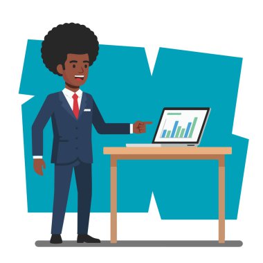 Afro İş Adamı Laptop Düz Vektör Resimlerinde Verileri Sunar