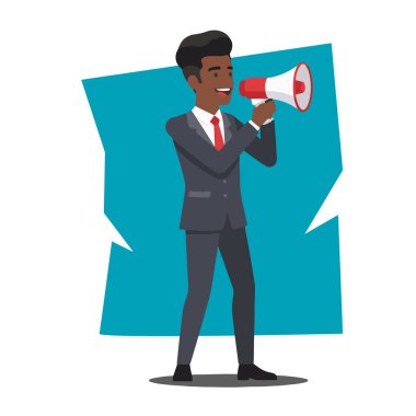 İşadamı Megafon Düz Vektör İllüstrasyonuyla Konuşuyor