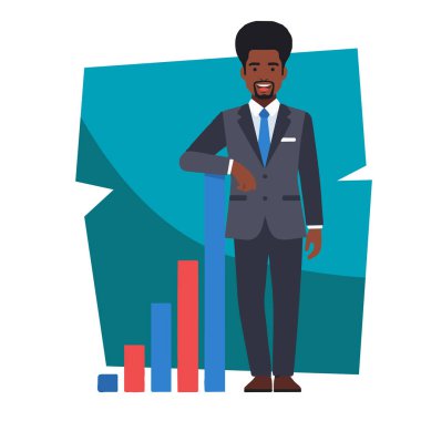 Afro İşadamı Büyüme Çizelgesi Düz Vektör İllüstrasyonuyla Duruyor