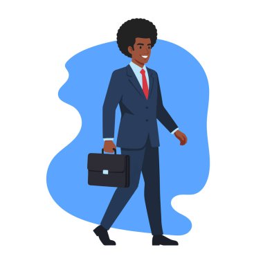 Afro Erkek İşadamı Evrak Çantası Düz Vektör İllüstrasyonuyla Yürüyor