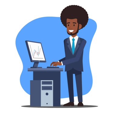 Veri Tablosu Düz Vektör İllüstrasyonuyla Bilgisayar Üzerinde Çalışan Afro İşadamı