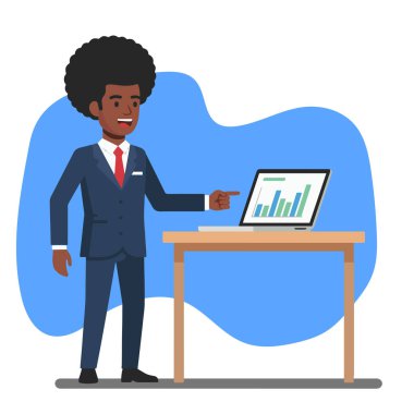 Afro İş Adamı Laptop Düz Vektör Resimlerinde Verileri Sunar