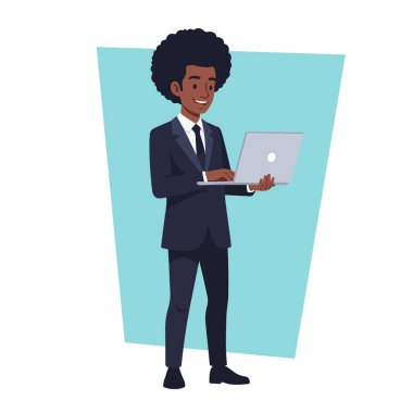 Laptop Düz Vektör Resmini Kullanan Afro Erkek İşadamı