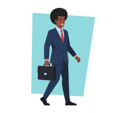 Afro Erkek İşadamı Evrak Çantası Düz Vektör İllüstrasyonuyla Yürüyor