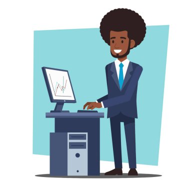 Veri Tablosu Düz Vektör İllüstrasyonuyla Bilgisayar Üzerinde Çalışan Afro İşadamı