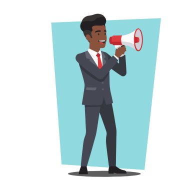 İşadamı Megafon Düz Vektör İllüstrasyonuyla Konuşuyor