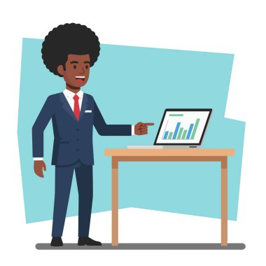 Afro İş Adamı Laptop Düz Vektör Resimlerinde Verileri Sunar