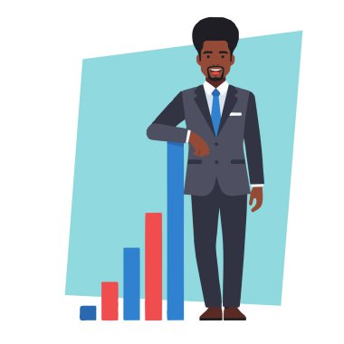 Afro İşadamı Büyüme Çizelgesi Düz Vektör İllüstrasyonuyla Duruyor