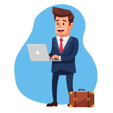 Laptop Bilgisayar Vektörü İllüstrasyonunu Kullanmakta Başarılı İşadamı