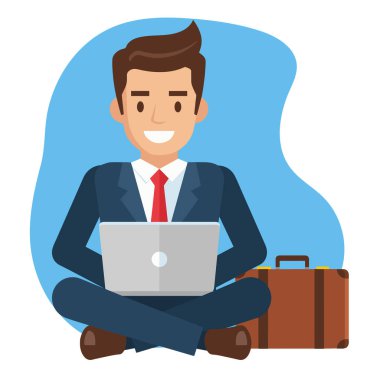 Serbest İşadamı Laptop Vektör İllüstrasyonunda çalışıyor