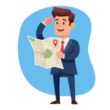 Gülümseyen İşadamı Harita ile Yönlendirme Vektörü Resmini Arıyor