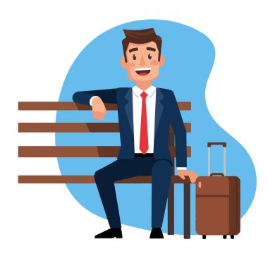 Gülümseyen İşadamı Bavul Vektörü İllüstrasyonuyla Bench 'te oturuyor